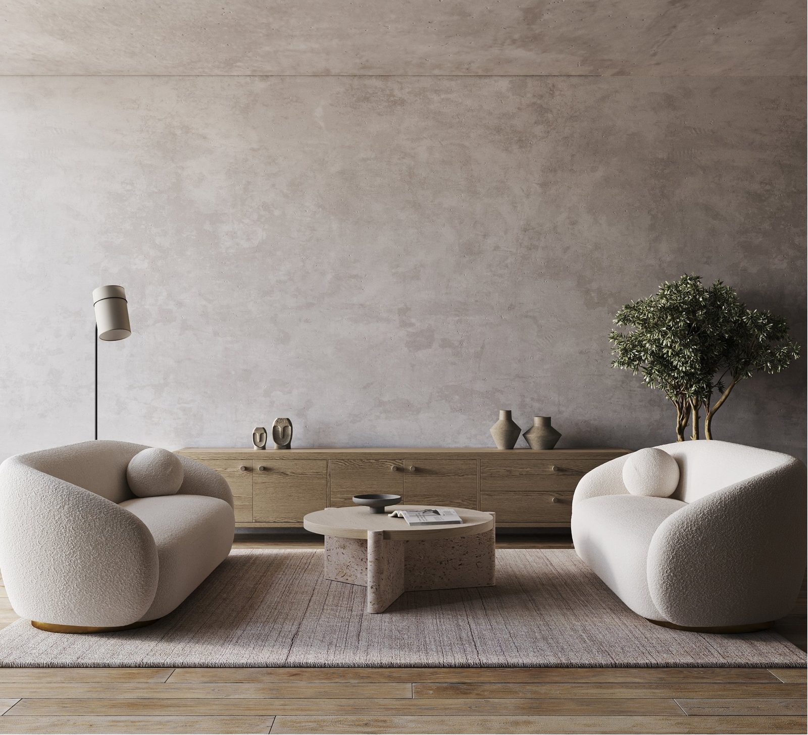 Living contemporáneo con materiales nobles, luz natural y una composición editorial de objetos